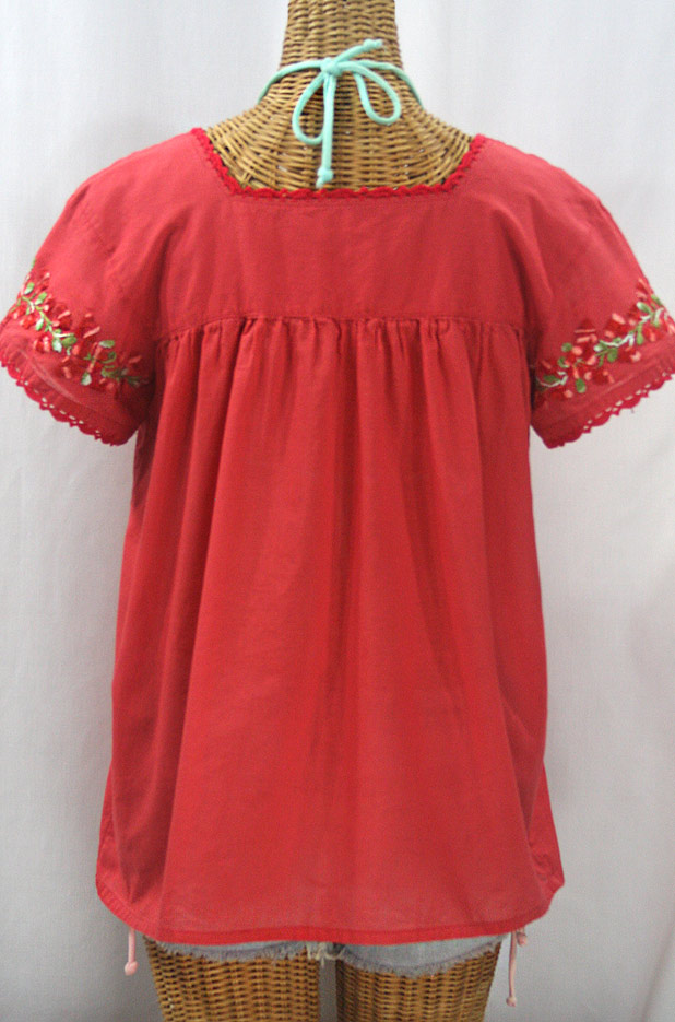 "La Marina Corta" Embroidered Mexican Peasant Blouse - Tomato Red + Variegated Red and Green