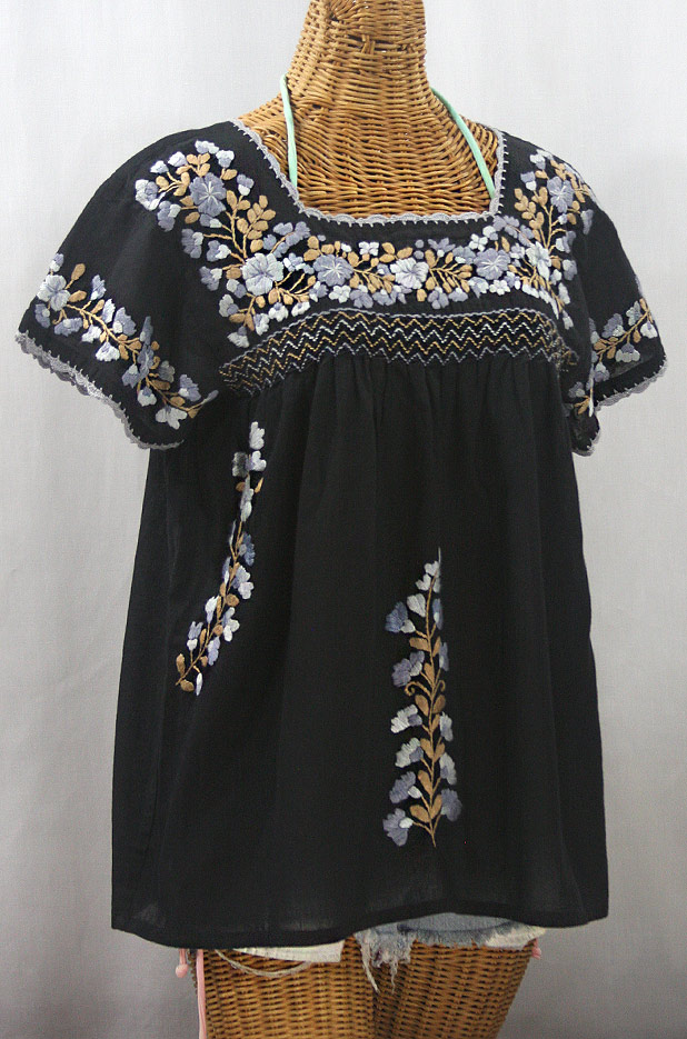 "La Marina Corta" Embroidered Mexican Peasant Blouse - Black + Grey Mix