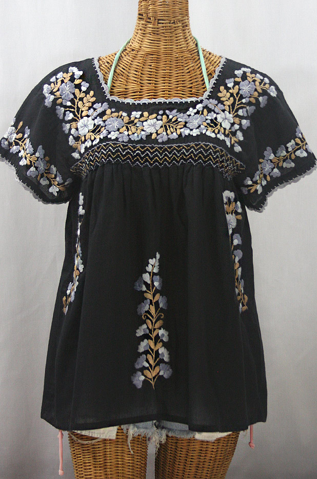 "La Marina Corta" Embroidered Mexican Peasant Blouse - Black + Grey Mix