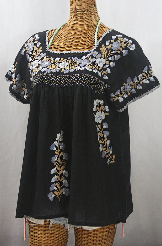 "La Marina Corta" Embroidered Mexican Peasant Blouse - Black + Grey Mix