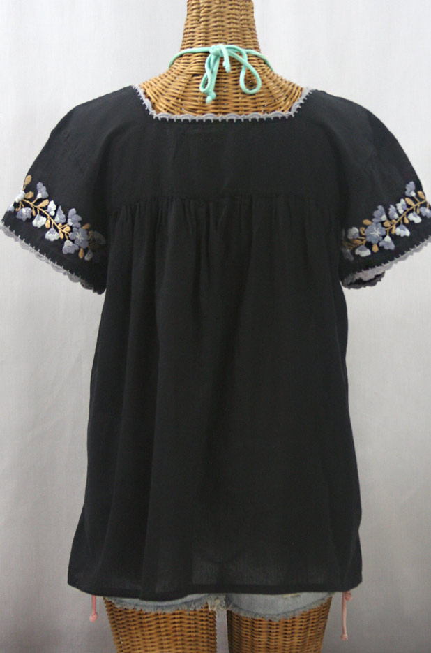 "La Marina Corta" Embroidered Mexican Peasant Blouse - Black + Grey Mix