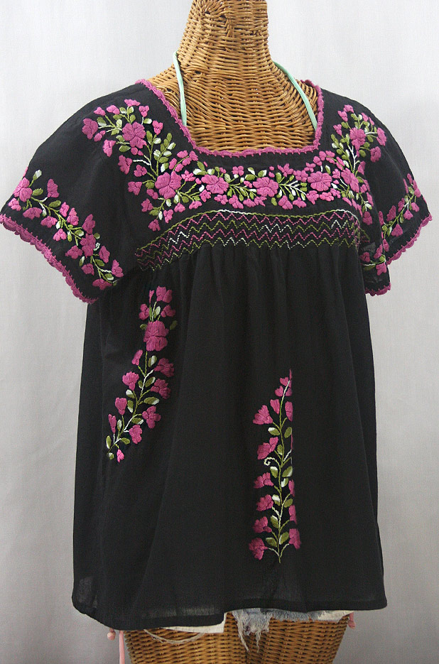 "La Marina Corta" Embroidered Mexican Peasant Blouse - Black + Variegated Pink and Green