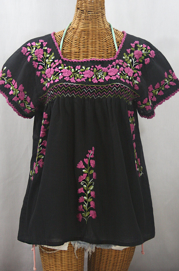 "La Marina Corta" Embroidered Mexican Peasant Blouse - Black + Variegated Pink and Green