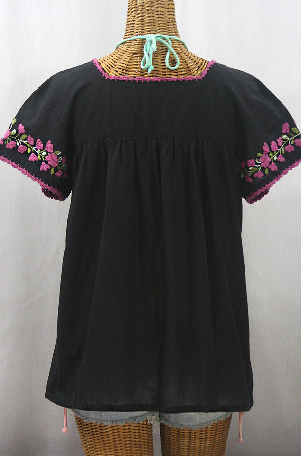 "La Marina Corta" Embroidered Mexican Peasant Blouse - Black + Variegated Pink and Green