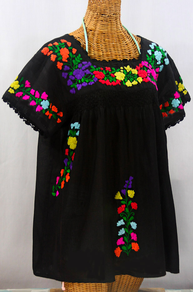 "La Marina Corta" Embroidered Mexican Peasant Blouse - Black + Rainbow Block + Black Trim