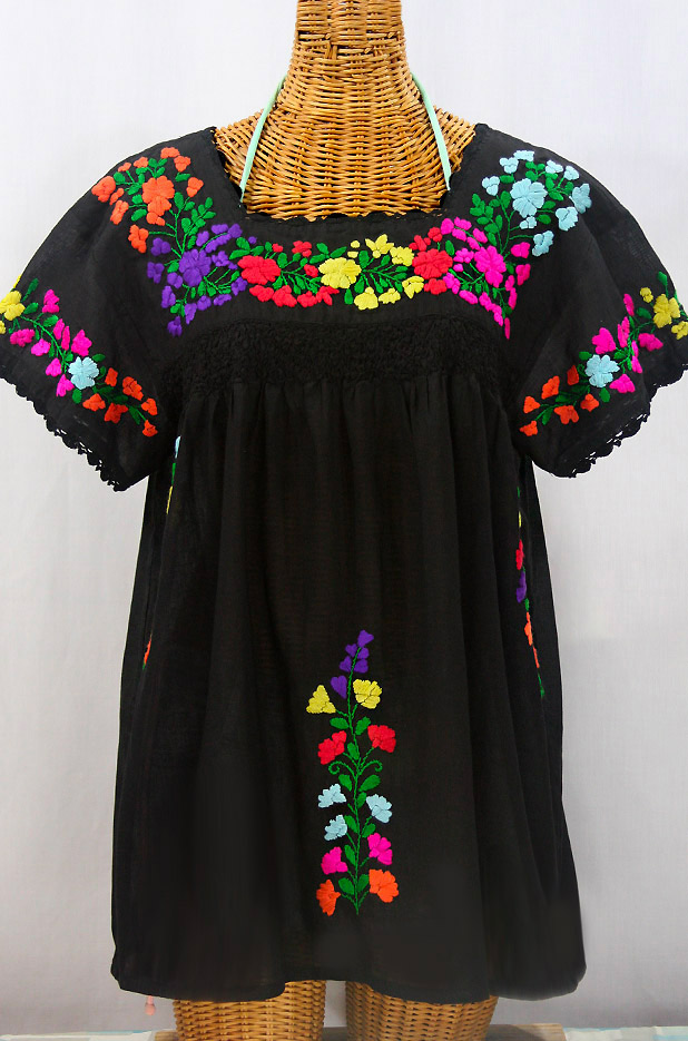 "La Marina Corta" Embroidered Mexican Peasant Blouse - Black + Rainbow Block + Black Trim