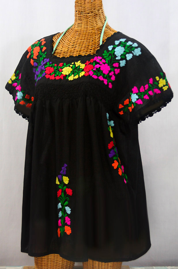 "La Marina Corta" Embroidered Mexican Peasant Blouse - Black + Rainbow Block + Black Trim