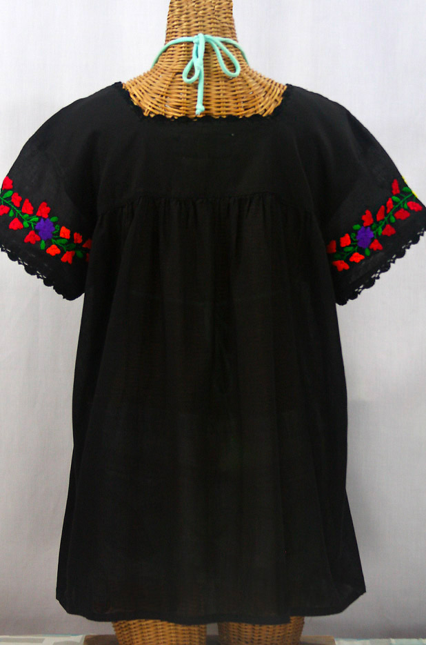 "La Marina Corta" Embroidered Mexican Peasant Blouse - Black + Rainbow Block + Black Trim
