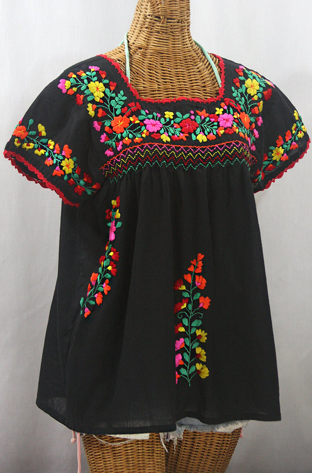 "La Marina Corta" Embroidered Mexican Peasant Blouse - Black + Bright Spring Mix