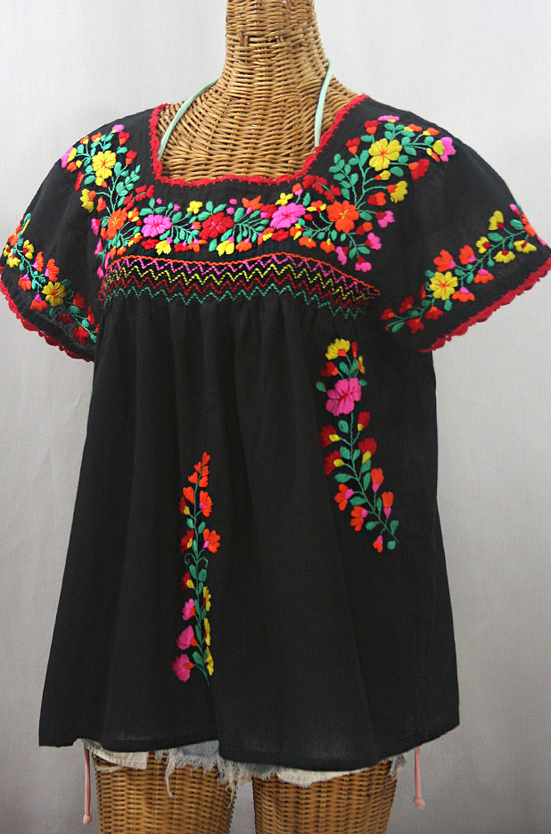 "La Marina Corta" Embroidered Mexican Peasant Blouse - Black + Bright Spring Mix