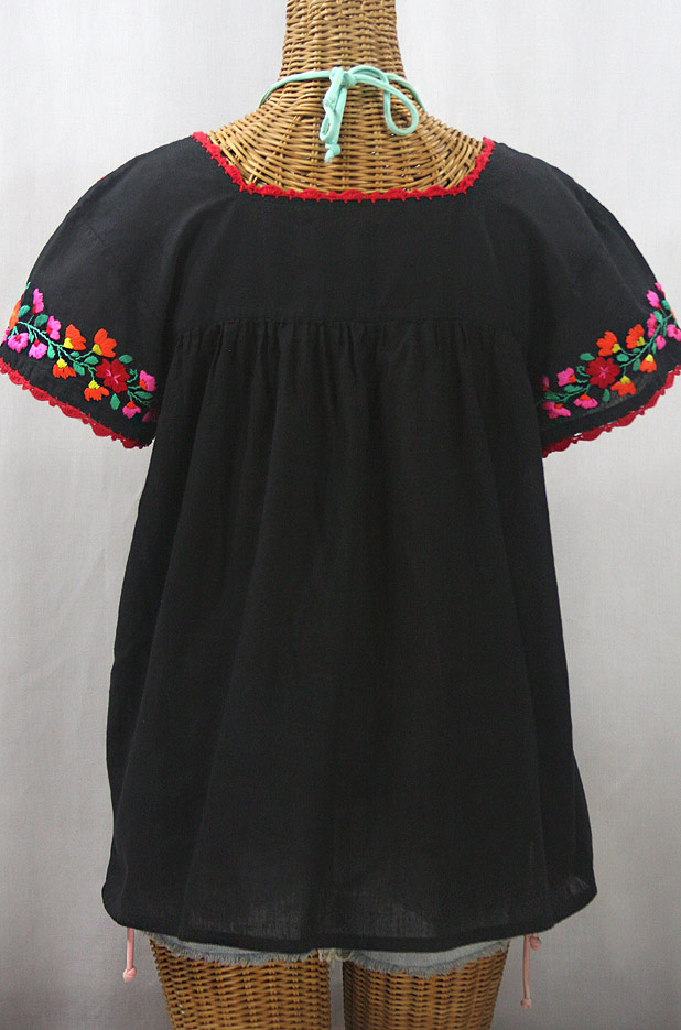 "La Marina Corta" Embroidered Mexican Peasant Blouse - Black + Bright Spring Mix