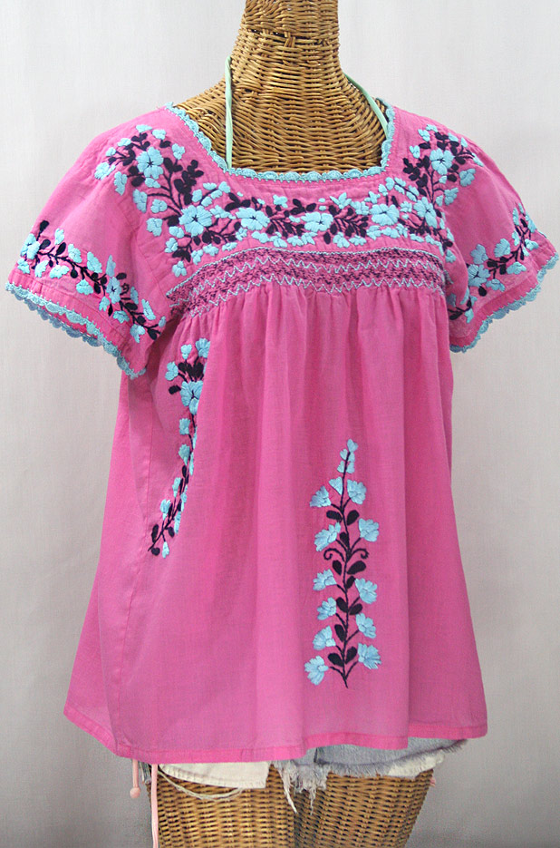 "La Marina Corta" Embroidered Mexican Peasant Blouse - Bubblegum Pink + Blue Orchid Mix