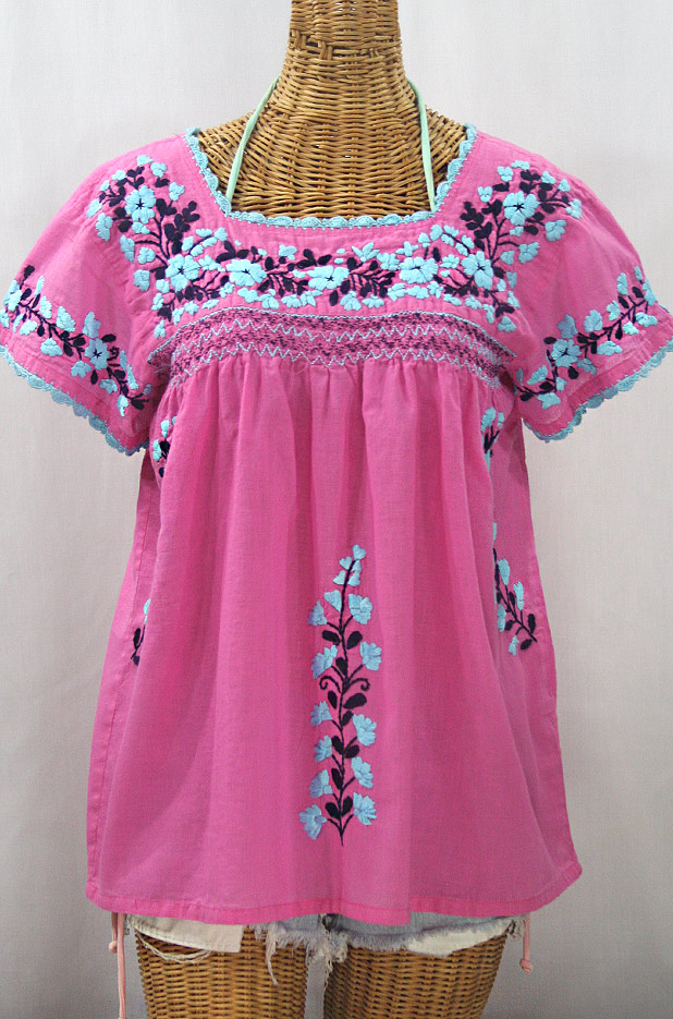 "La Marina Corta" Embroidered Mexican Peasant Blouse - Bubblegum Pink + Blue Orchid Mix