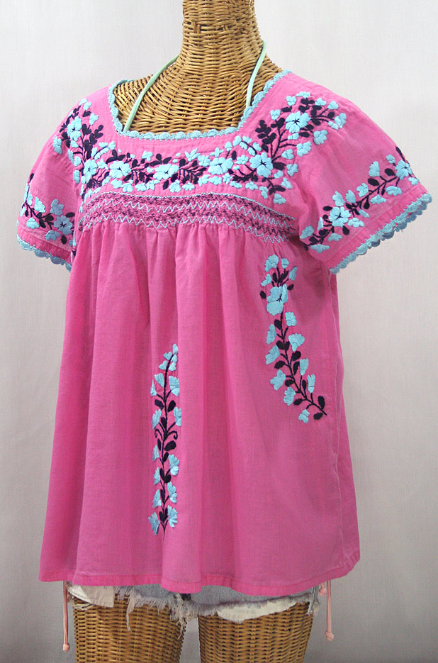 "La Marina Corta" Embroidered Mexican Peasant Blouse - Bubblegum Pink + Blue Orchid Mix