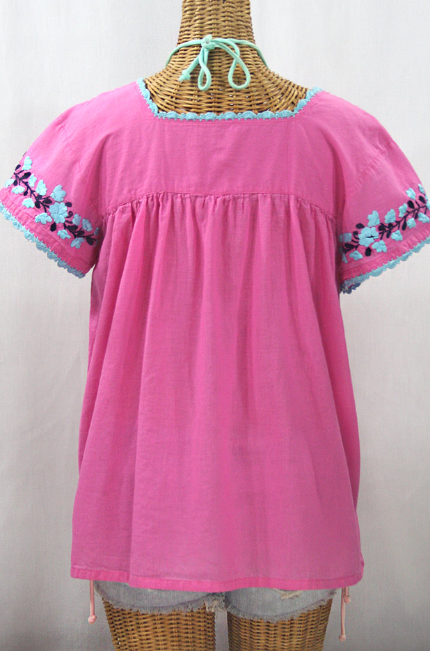"La Marina Corta" Embroidered Mexican Peasant Blouse - Bubblegum Pink + Blue Orchid Mix