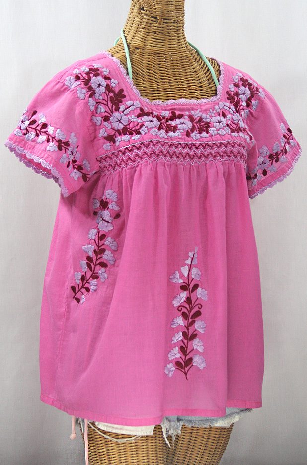 "La Marina Corta" Embroidered Mexican Peasant Blouse - Bubblegum Pink + Orchid Mix