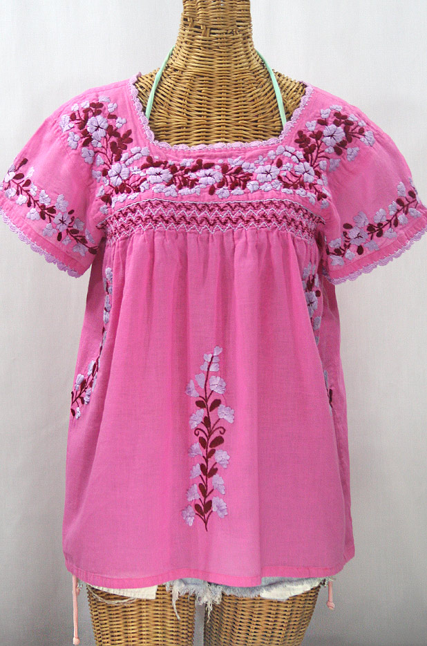 "La Marina Corta" Embroidered Mexican Peasant Blouse - Bubblegum Pink + Orchid Mix