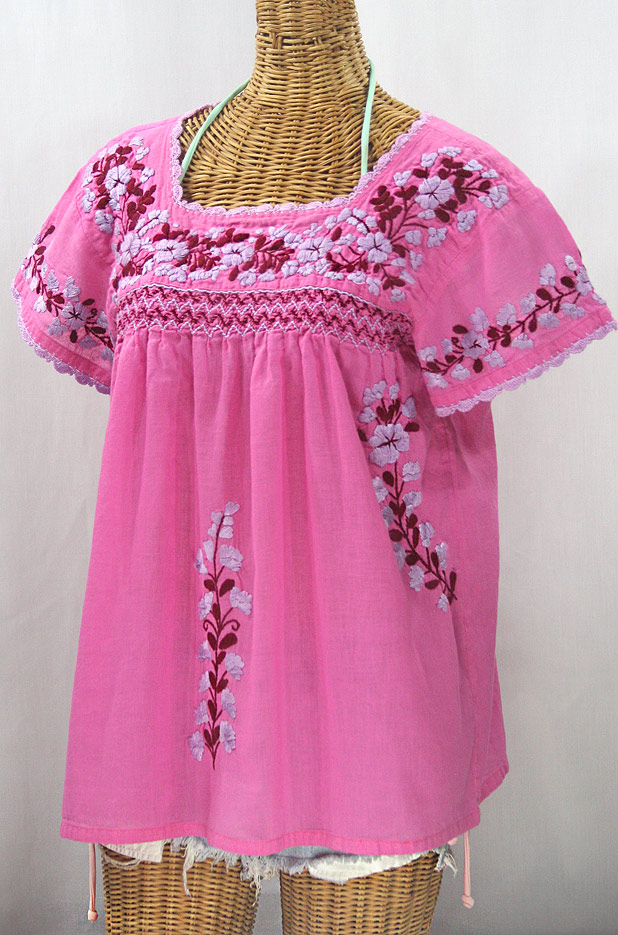 "La Marina Corta" Embroidered Mexican Peasant Blouse - Bubblegum Pink + Orchid Mix