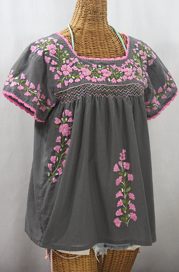 "La Marina Corta" Embroidered Mexican Peasant Blouse - Medium Grey + Variegated Pink and Green