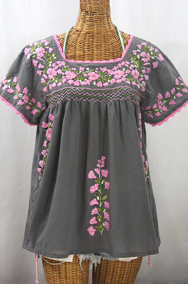 "La Marina Corta" Embroidered Mexican Peasant Blouse - Medium Grey + Variegated Pink and Green