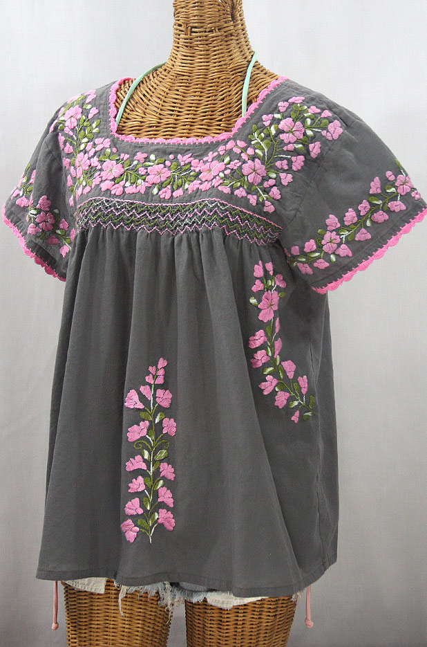 "La Marina Corta" Embroidered Mexican Peasant Blouse - Medium Grey + Variegated Pink and Green