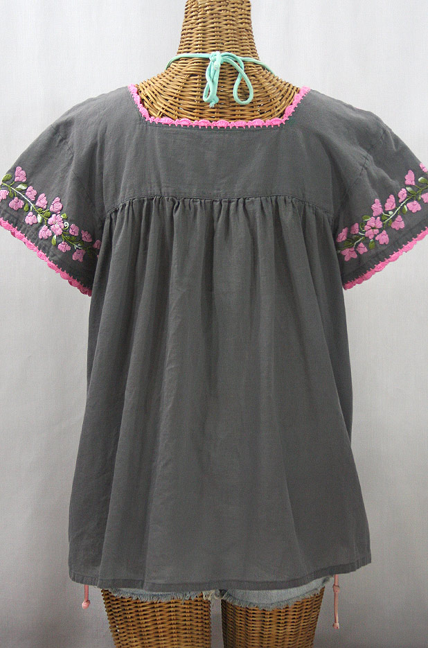 "La Marina Corta" Embroidered Mexican Peasant Blouse - Medium Grey + Variegated Pink and Green