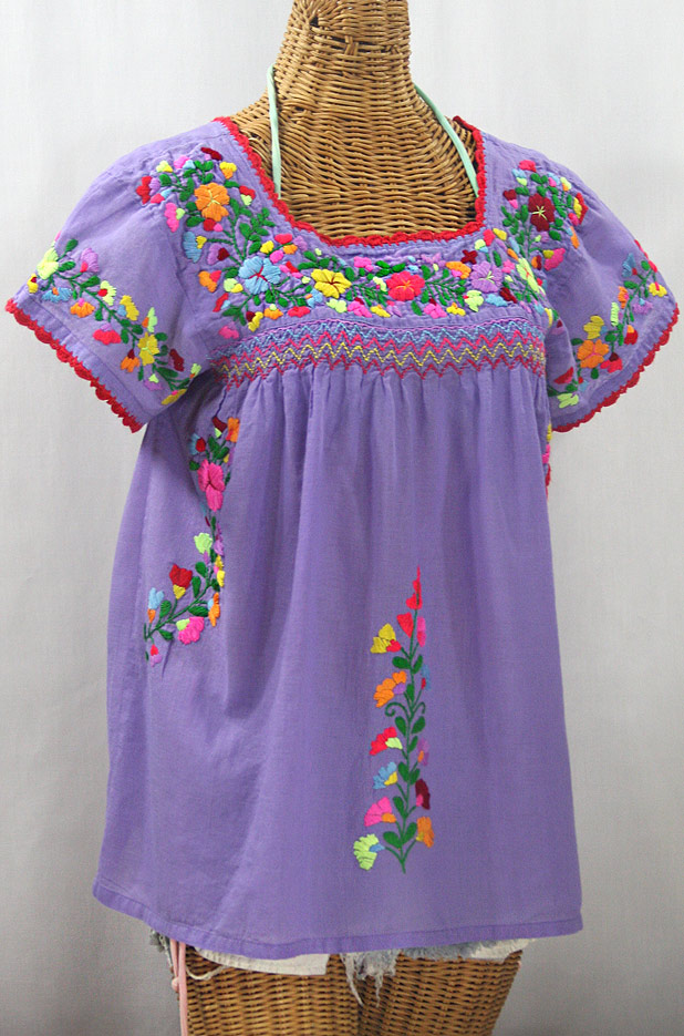 "La Marina Corta" Embroidered Mexican Peasant Blouse - Light Purple + Multi Mix