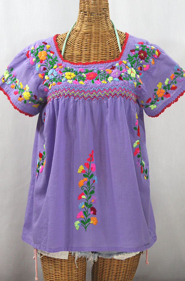 "La Marina Corta" Embroidered Mexican Peasant Blouse - Light Purple + Multi Mix