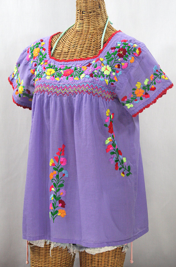 "La Marina Corta" Embroidered Mexican Peasant Blouse - Light Purple + Multi Mix