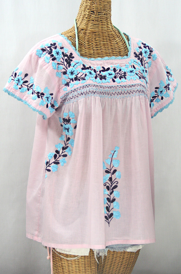 "La Marina Corta" Embroidered Mexican Peasant Blouse - Pale Pink + Blue Orchid Mix