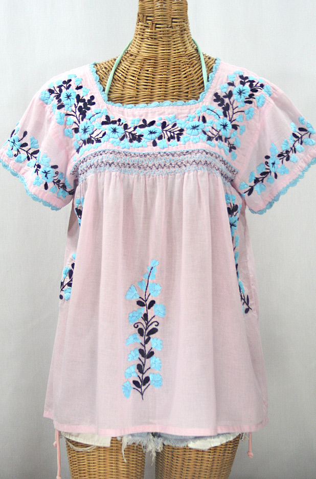 "La Marina Corta" Embroidered Mexican Peasant Blouse - Pale Pink + Blue Orchid Mix