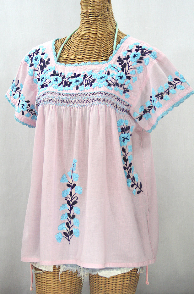 "La Marina Corta" Embroidered Mexican Peasant Blouse - Pale Pink + Blue Orchid Mix