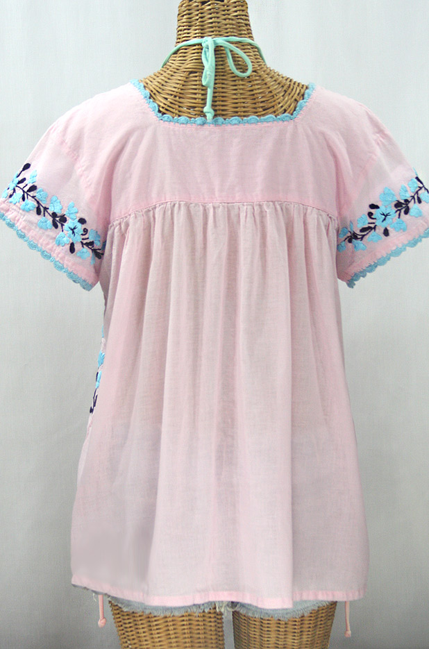 "La Marina Corta" Embroidered Mexican Peasant Blouse - Pale Pink + Blue Orchid Mix