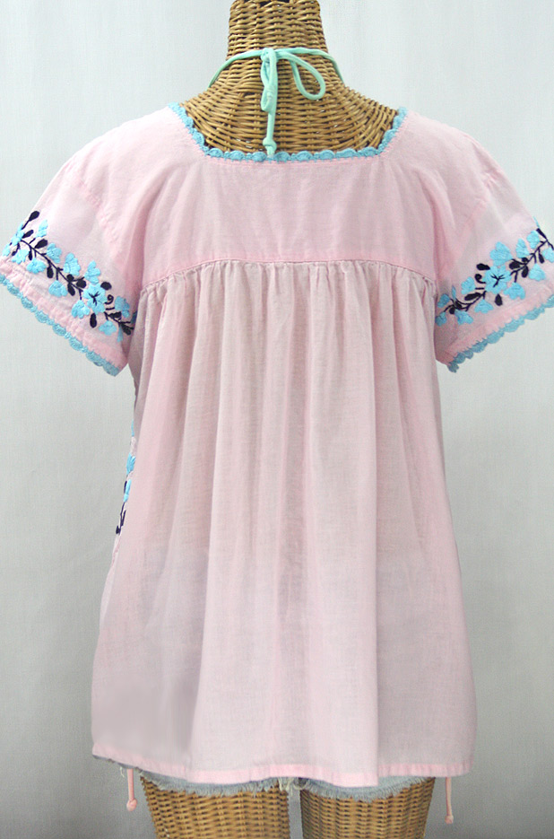 "La Marina Corta" Embroidered Mexican Peasant Blouse - Pale Pink + Blue Orchid Mix