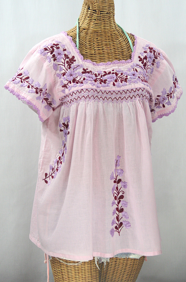 "La Marina Corta" Embroidered Mexican Peasant Blouse - Pale Pink + Orchid Mix