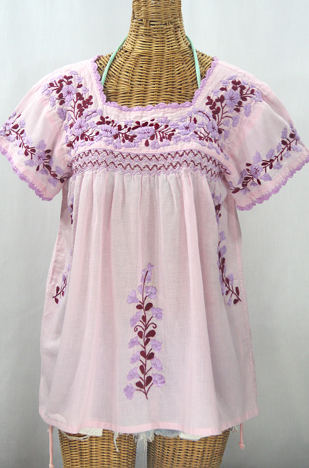 "La Marina Corta" Embroidered Mexican Peasant Blouse - Pale Pink + Orchid Mix