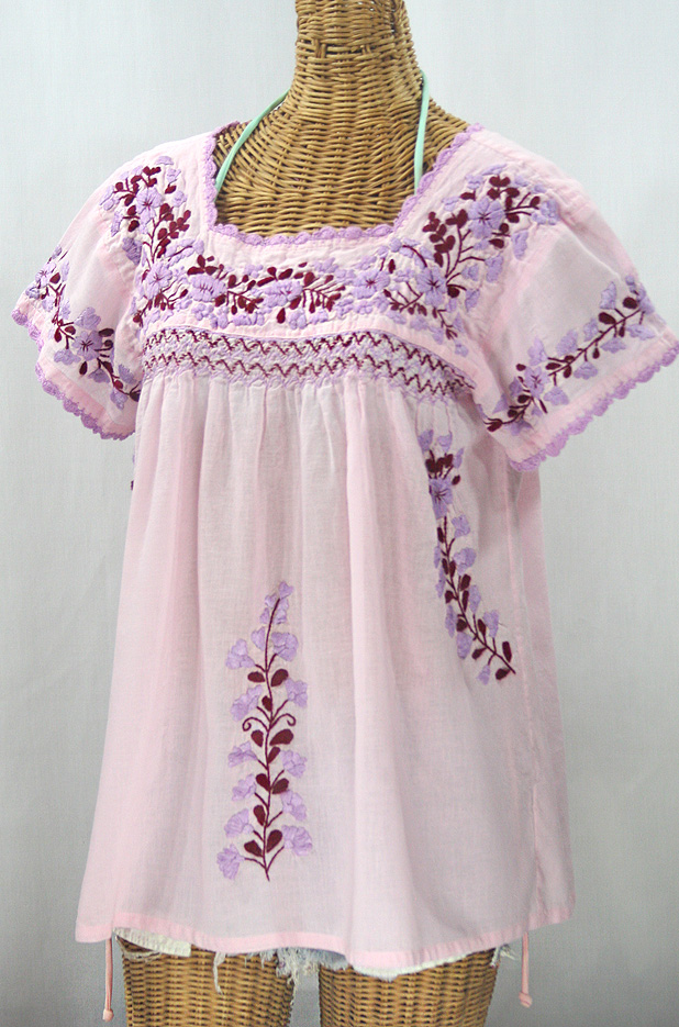 "La Marina Corta" Embroidered Mexican Peasant Blouse - Pale Pink + Orchid Mix
