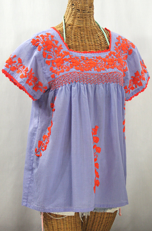 "La Marina Corta" Embroidered Mexican Peasant Blouse - Periwinkle + Orange