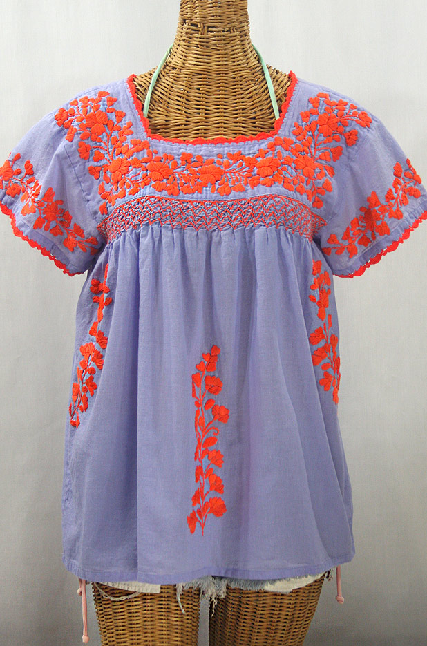 "La Marina Corta" Embroidered Mexican Peasant Blouse - Periwinkle + Orange