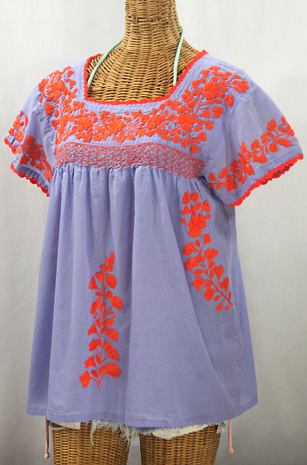 "La Marina Corta" Embroidered Mexican Peasant Blouse - Periwinkle + Orange