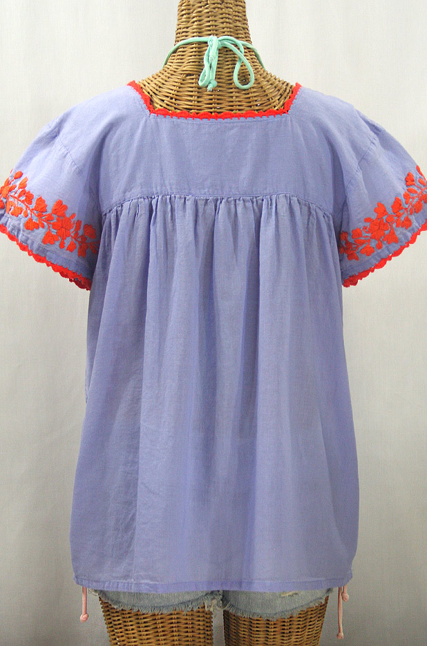 "La Marina Corta" Embroidered Mexican Peasant Blouse - Periwinkle + Orange