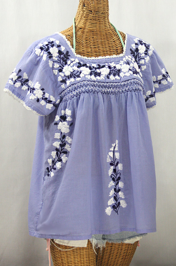 "La Marina Corta" Embroidered Mexican Peasant Blouse - Periwinkle + White and Navy