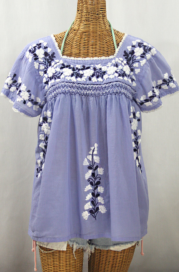 "La Marina Corta" Embroidered Mexican Peasant Blouse - Periwinkle + White and Navy