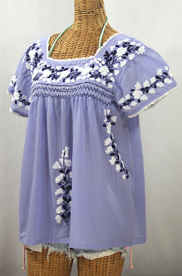 "La Marina Corta" Embroidered Mexican Peasant Blouse - Periwinkle + White and Navy