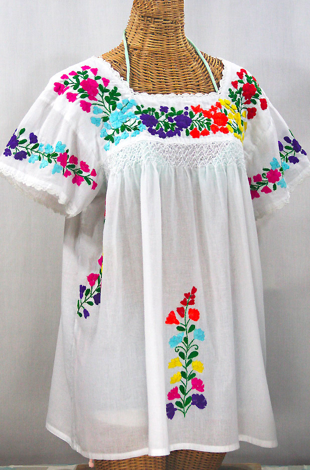 "La Marina Corta" Embroidered Mexican Peasant Blouse - White + Rainbow Block