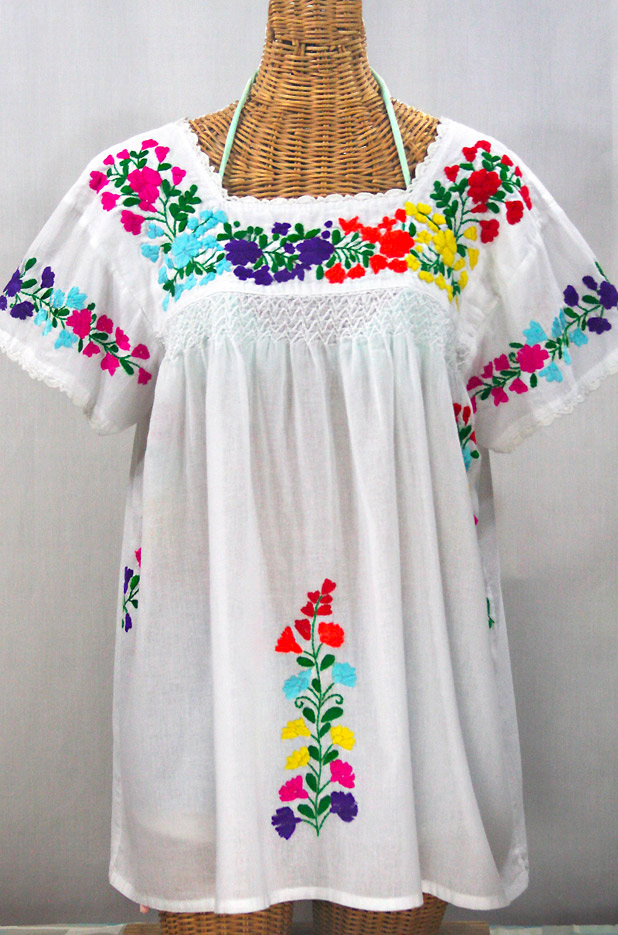 "La Marina Corta" Embroidered Mexican Peasant Blouse - White + Rainbow Block