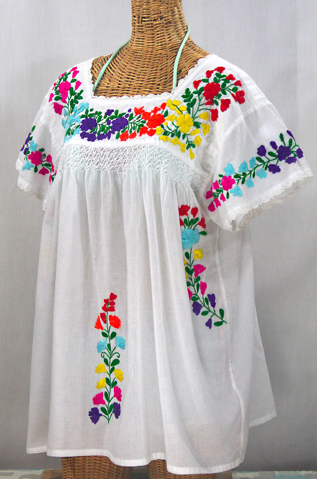 "La Marina Corta" Embroidered Mexican Peasant Blouse - White + Rainbow Block
