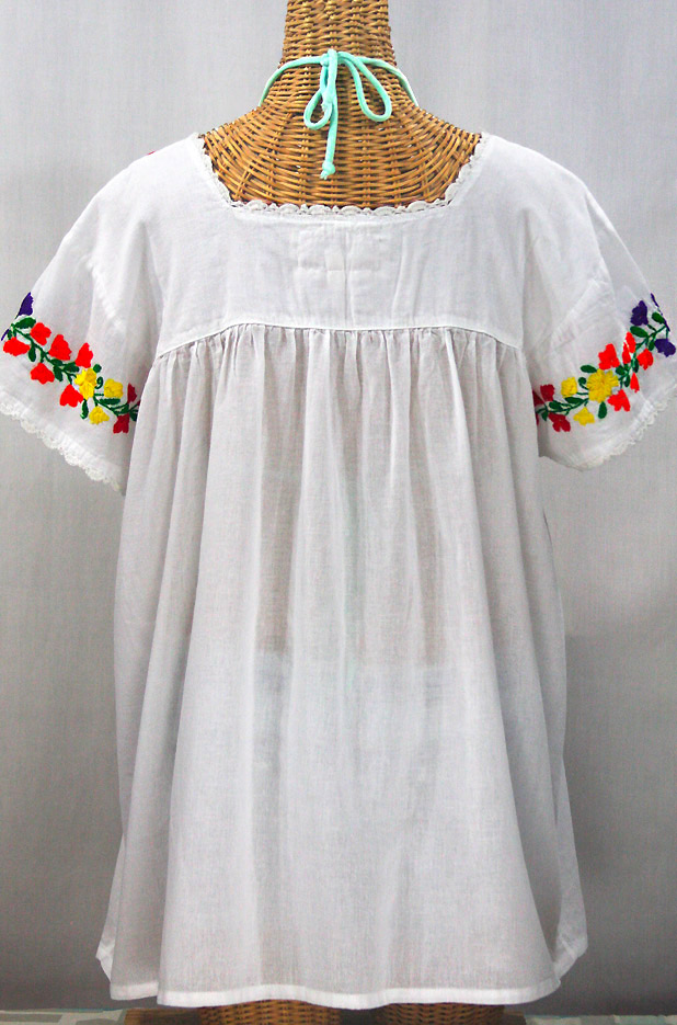 "La Marina Corta" Embroidered Mexican Peasant Blouse - White + Rainbow Block