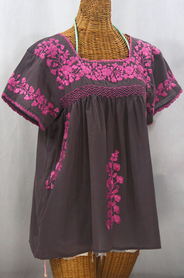 "La Marina Corta" Embroidered Mexican Peasant Blouse - Grey + Pink