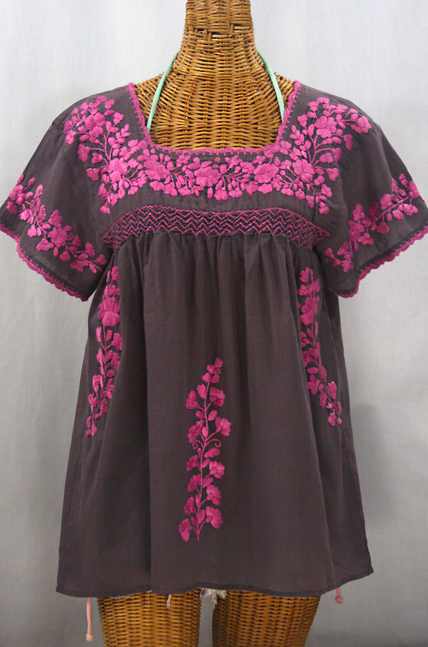 "La Marina Corta" Embroidered Mexican Peasant Blouse - Grey + Pink